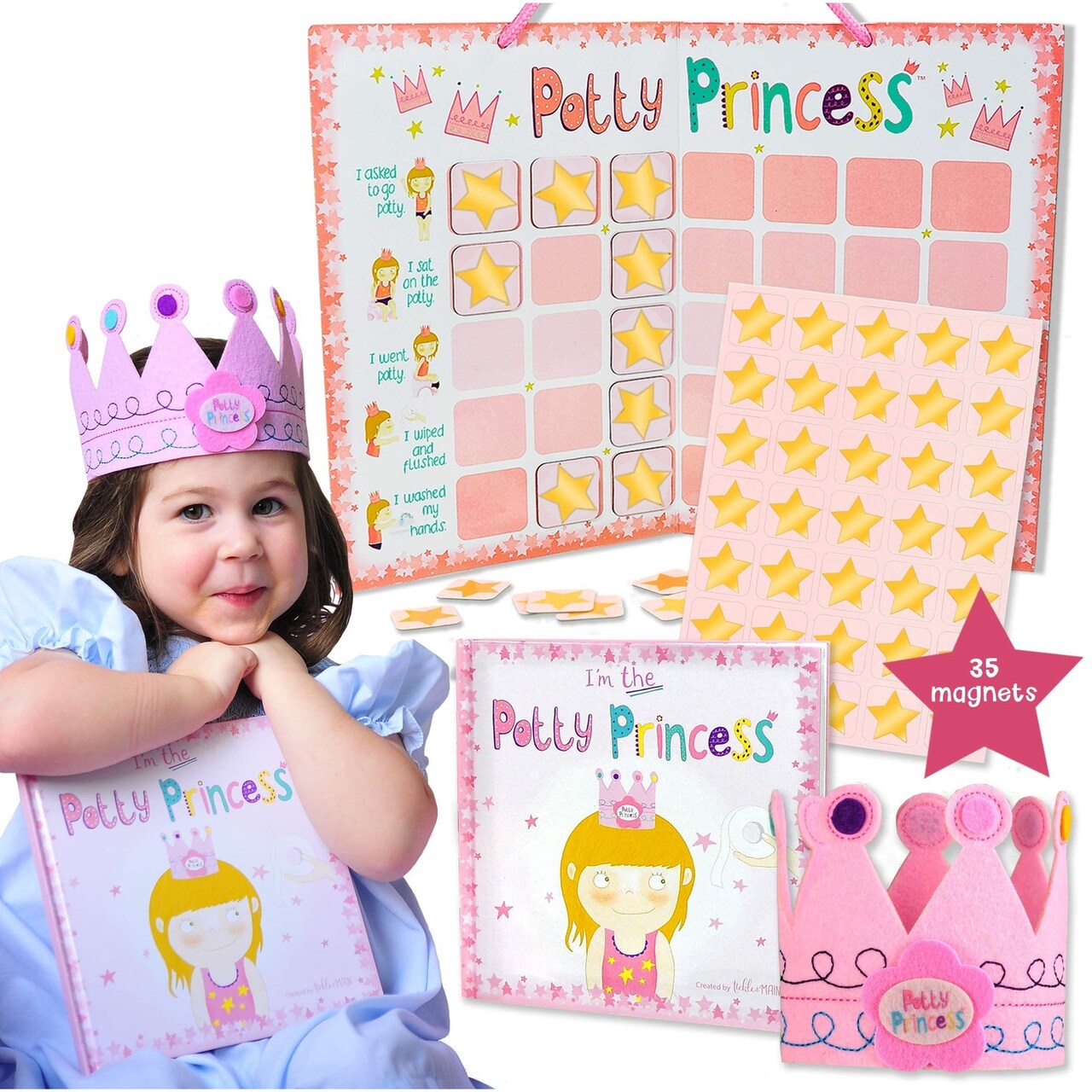 Tickle & Main Potty Princess Training Set - Multicolor, 3-Piece Adjustable Set - Magnetic Potty Training Chart with Sticker Rewards - Princess Storybook & Felt Crown